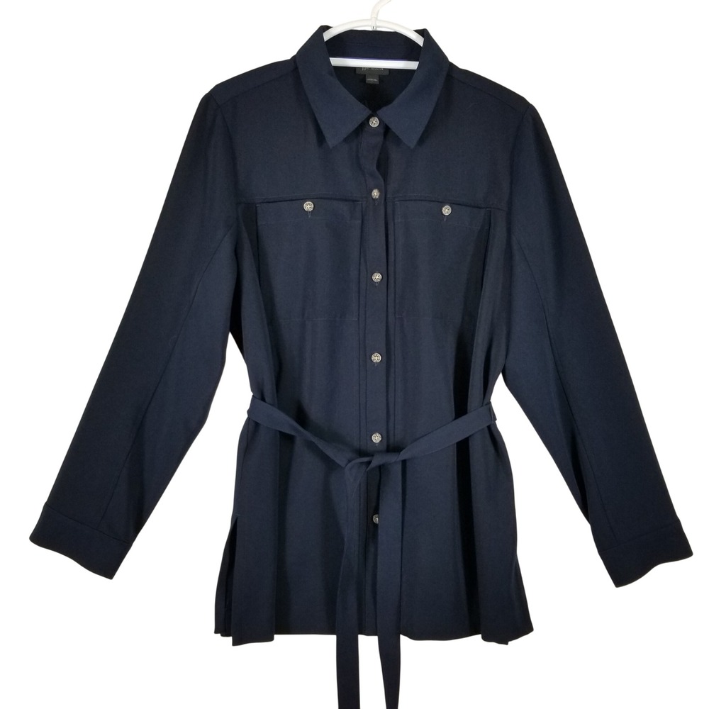 J. Jill Wearever Navy Blue Belted Safari Jacket Button Front Size L Large